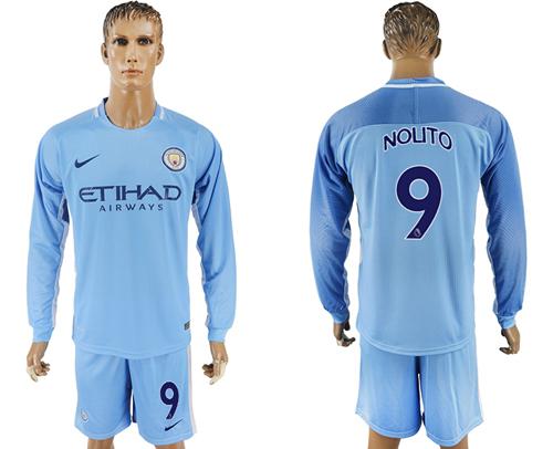 Manchester City #9 Nolito Home Long Sleeves Soccer Club Jersey - Click Image to Close